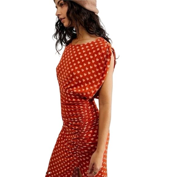Free People NWT Lakeside Midi Dress Rust Hearts Ruched Side Open Back Size M - Picture 6 of 13
